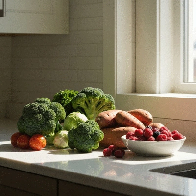 Variety of fresh organic vegetables and fruits on a kitchen counter