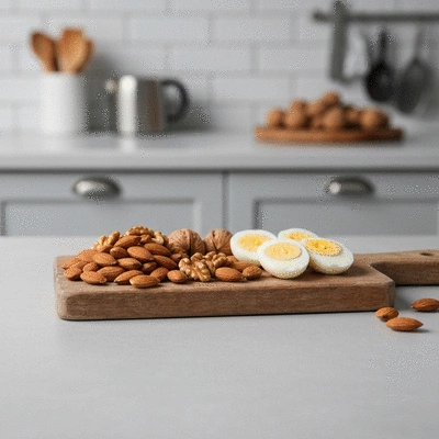 Assorted high protein snacks like nuts and boiled eggs on a wooden plate