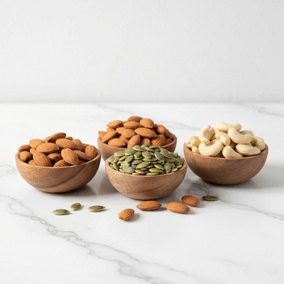 Assorted healthy nuts and seeds in small wooden bowls