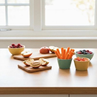Fresh fruit and vegetable snacks arranged on a wooden table