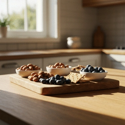 Variety of low glycemic index snacks including nuts, berries, and whole grain crackers on a wooden board