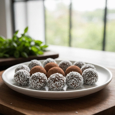 Freshly prepared protein energy balls with oats and cocoa on a plate