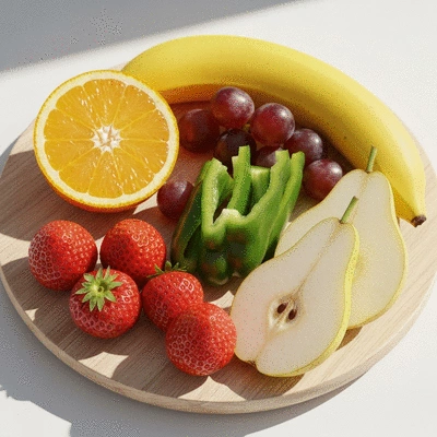 A variety of colorful fresh fruit slices and vegetable sticks arranged creatively on a wooden platter