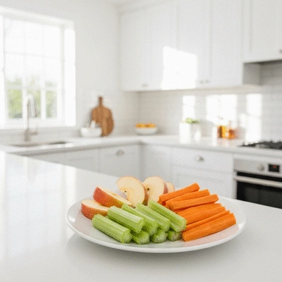 Fresh sliced fruits and vegetable sticks arranged on a clean white plate