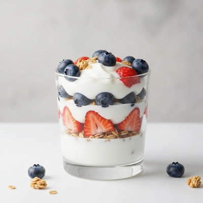 Close up of a delicious Greek yogurt parfait with berries and granola