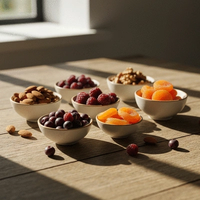 Assorted healthy snacks including nuts and fruits in bowls