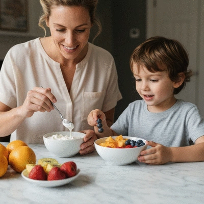 A child helping to assemble healthy yogurt parfaits with berries