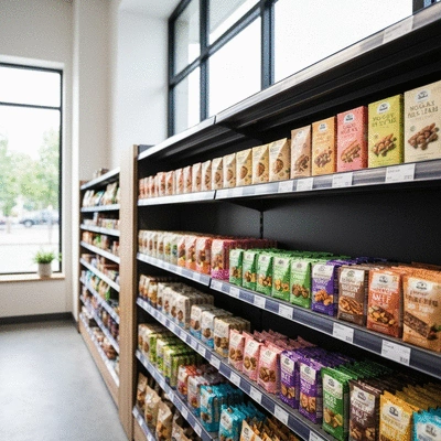 Modern grocery store aisle featuring organic and health-conscious snack products