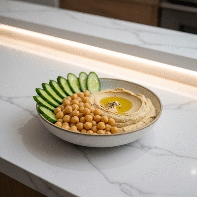 Close up of a bowl of fresh chickpeas and hummus with sliced cucumbers on a kitchen counter