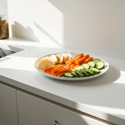 Fresh fruit and vegetable snack platter on a kitchen counter