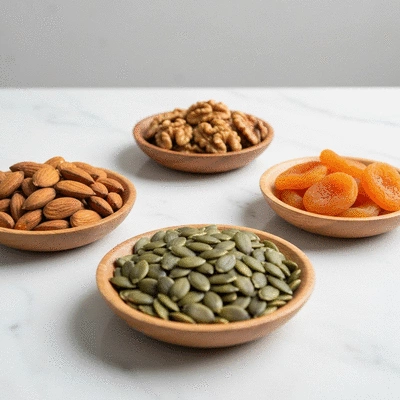 Assorted healthy snacks like nuts, seeds, and dried fruit in small wooden bowls