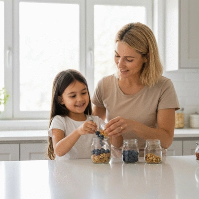 A child happily helping a parent prepare a healthy yogurt parfait with berries and granola in a bright kitchen